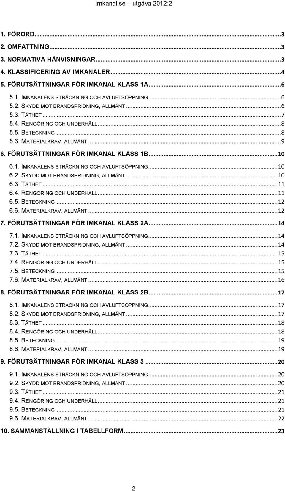 1. IMKANALENS STRÄCKNING OCH AVLUFTSÖPPNING... 10 6.2. SKYDD MOT BRANDSPRIDNING, ALLMÄNT... 10 6.3. TÄTHET... 11 6.4. RENGÖRING OCH UNDERHÅLL... 11 6.5. BETECKNING... 12 6.6. MATERIALKRAV, ALLMÄNT.