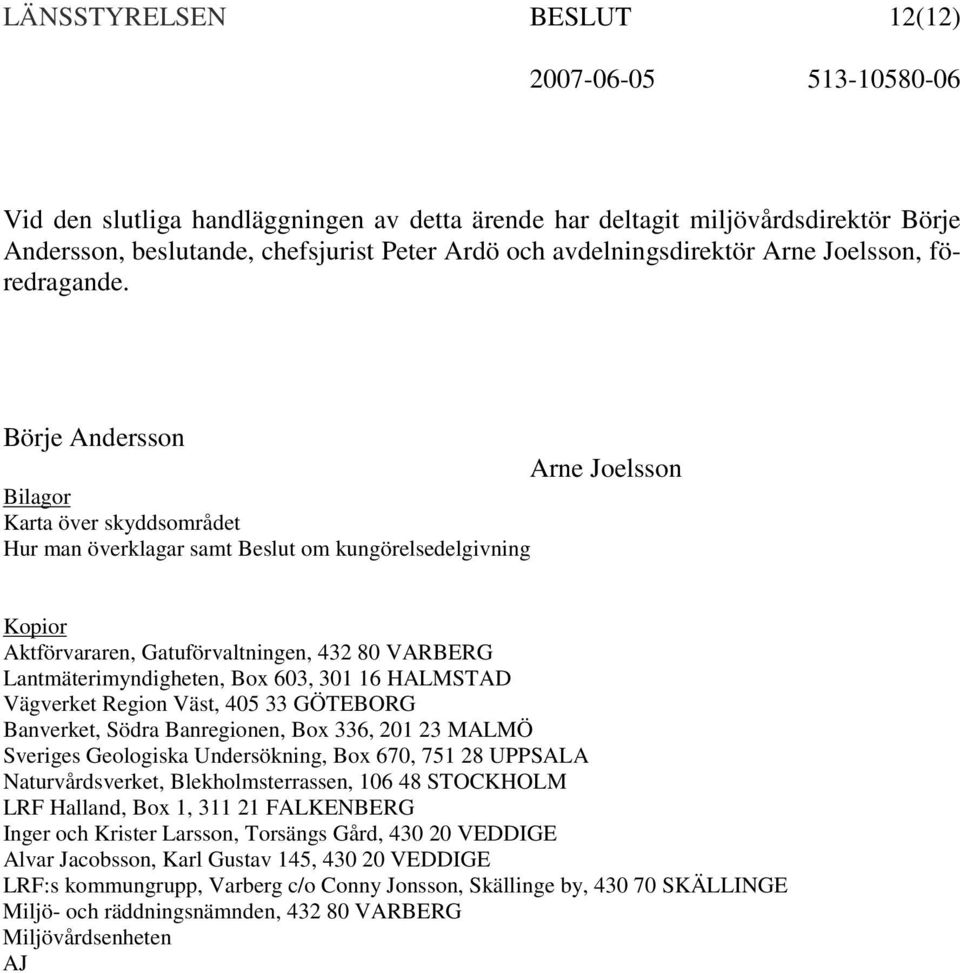 Börje Andersson Bilagor Karta över skyddsområdet Hur man överklagar samt Beslut om kungörelsedelgivning Arne Joelsson Kopior Aktförvararen, Gatuförvaltningen, 432 80 VARBERG Lantmäterimyndigheten,