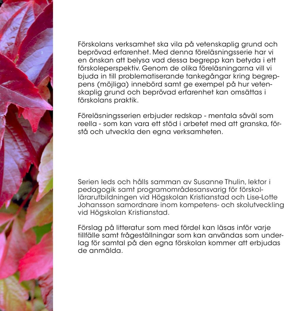 förskolans praktik. Föreläsningsserien erbjuder redskap - mentala såväl som reella - som kan vara ett stöd i arbetet med att granska, förstå och utveckla den egna verksamheten.