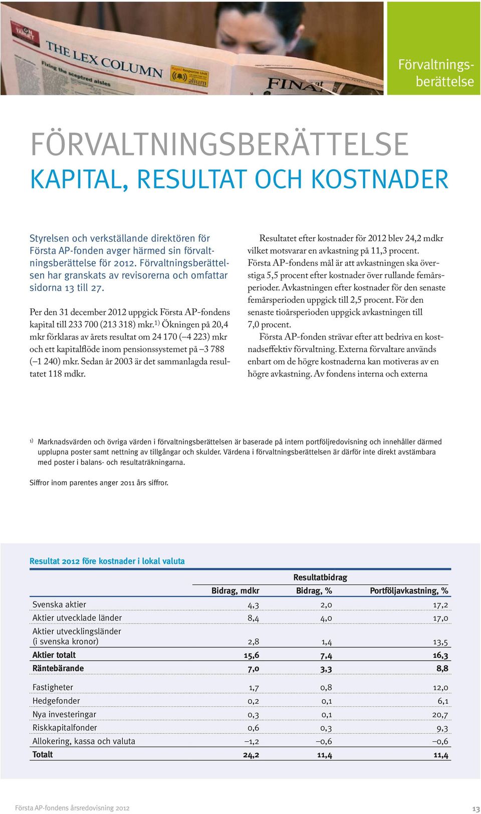 1) Ökningen på 20,4 mkr förklaras av årets resultat om 24 170 ( 4 223) mkr och ett kapitalflöde inom pensionssystemet på 3 788 ( 1 240) mkr. Sedan år 2003 är det sammanlagda resultatet 118 mdkr.