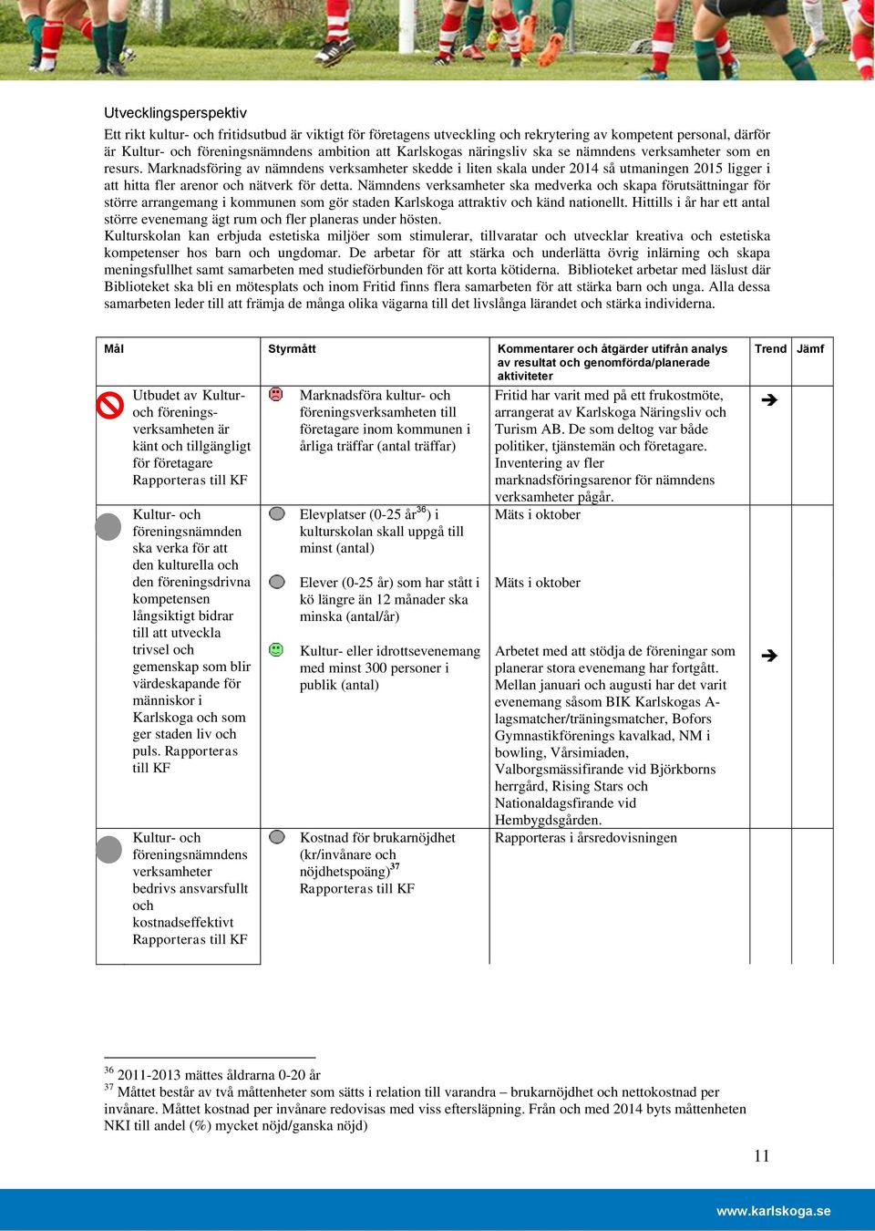 Nämndens verksamheter ska medverka och skapa förutsättningar för större arrangemang i kommunen som gör staden Karlskoga attraktiv och känd nationellt.