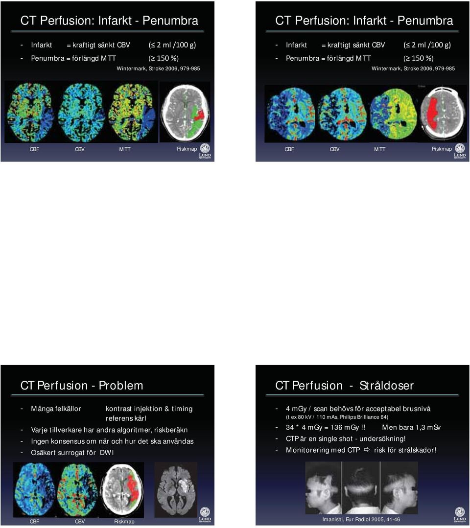 tillverkare har andra algoritmer, riskberäkn - Ingen konsensus om när och hur det ska användas - Osäkert surrogat för DWI CT Perfusion - Stråldoser - 4 mgy / scan behövs för acceptabel brusnivå (t ex