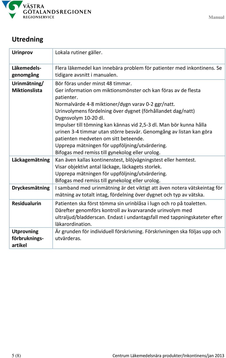 Ger information om miktionsmönster och kan föras av de flesta patienter. Normalvärde 4-8 miktioner/dygn varav 0-2 ggr/natt.