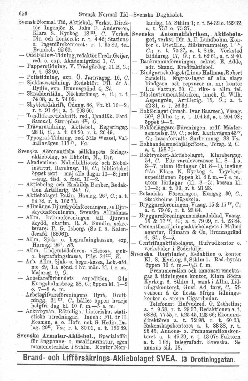 , Mästersamuelsg. 1 n.b., Brunkeb, 2269. C.; r. t. 7027, a. t. 825. Verkstad - Odd Fellow Tidning,redaktör Fredr.Geijer, Riddareg. 17, O.; r. t. 6261, a. t. 240. red. o. expo Akaaemigränd 1, C.