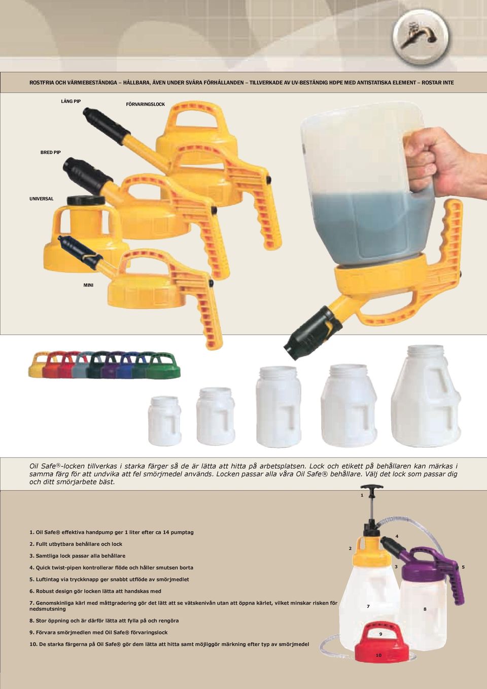 Locken passar alla våra Oil Safe behållare. Välj det lock som passar dig och ditt smörjarbete bäst. 1 1. Oil Safe effektiva handpump ger 1 liter efter ca 14 pumptag 2.