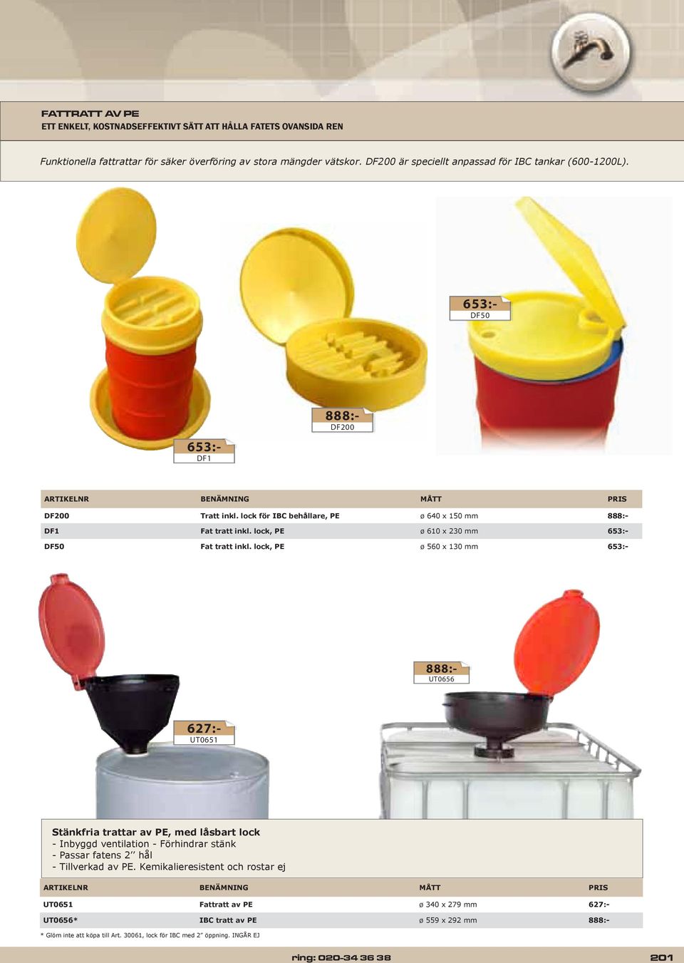 lock för IBC behållare, PE ø 640 x 150 mm 888:- DF1 Fat tratt inkl. lock, PE ø 610 x 230 mm 653:- DF50 Fat tratt inkl.