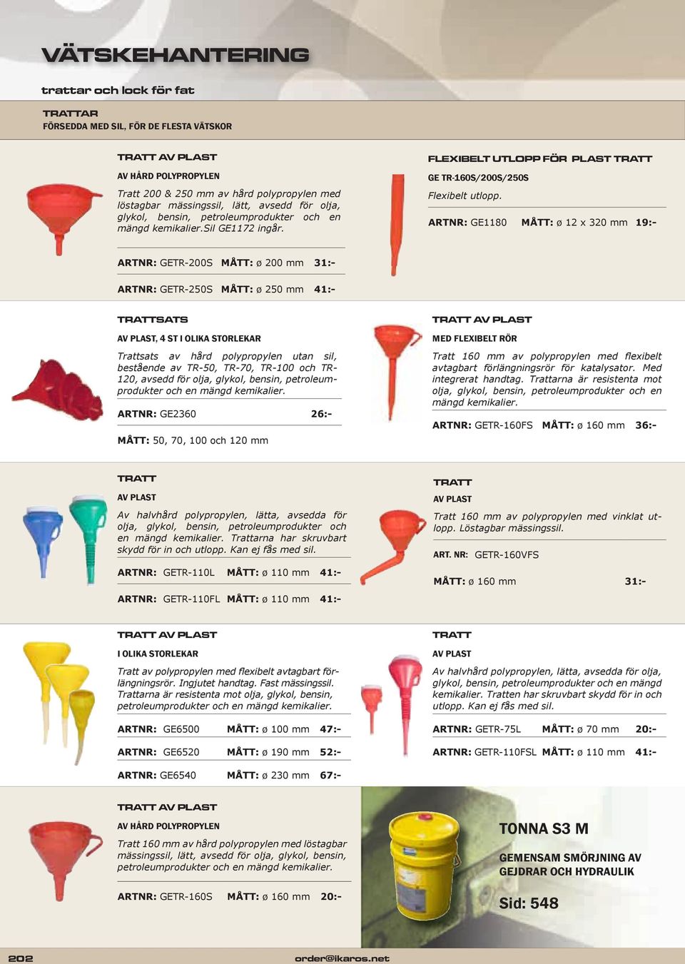 ARTNR: GE1180 MÅTT: ø 12 x 320 mm 19:- ARTNR: GETR-200S MÅTT: ø 200 mm 31:- ARTNR: GETR-250S MÅTT: ø 250 mm 41:- TRATTSATS AV PLAST, 4 ST I OLIKA STORLEKAR Trattsats av hård polypropylen utan sil,