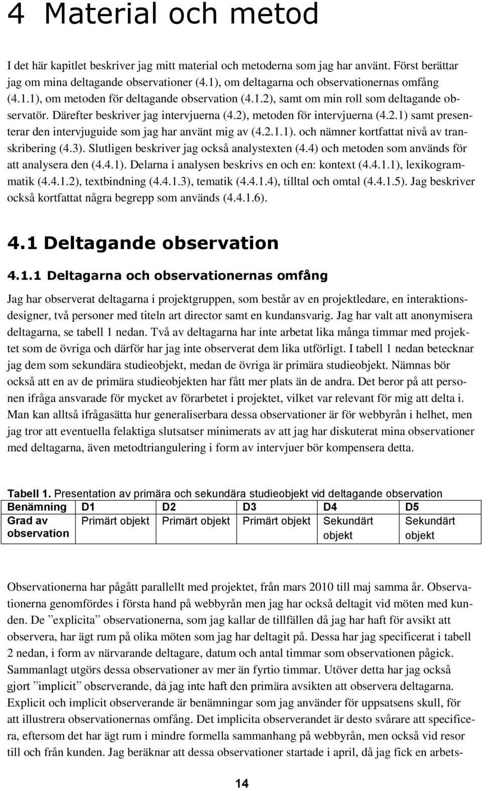 2), metoden för intervjuerna (4.2.1) samt presenterar den intervjuguide som jag har använt mig av (4.2.1.1). och nämner kortfattat nivå av transkribering (4.3).