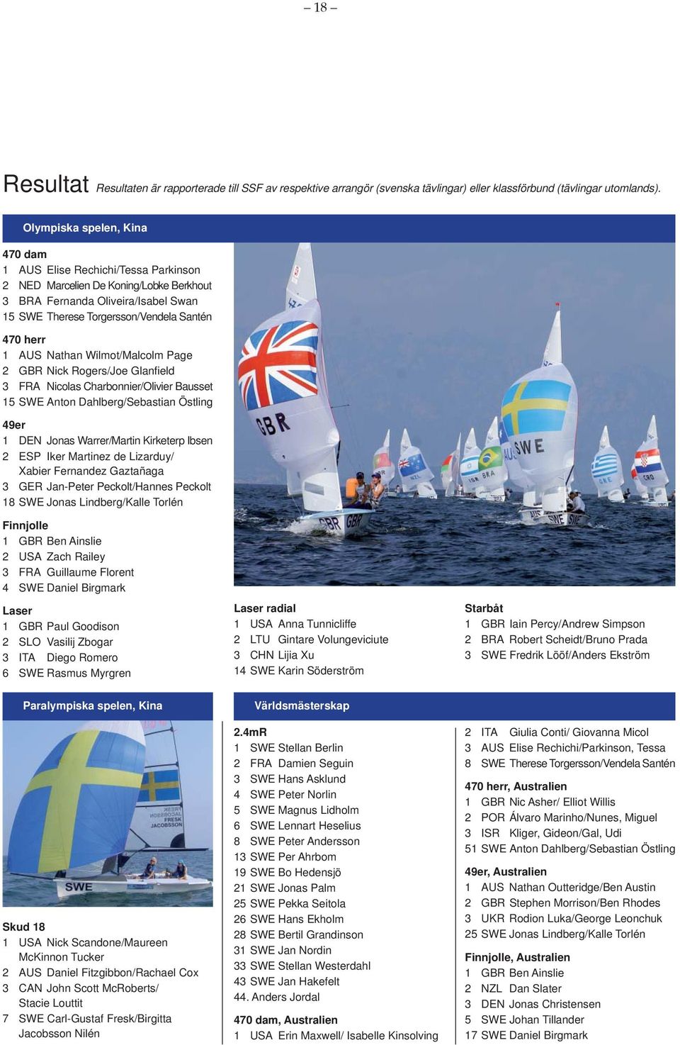 AUS Nathan Wilmot/Malcolm Page 2 GBR Nick Rogers/Joe Glanfi eld 3 FRA Nicolas Charbonnier/Olivier Bausset 15 SWE Anton Dahlberg/Sebastian Östling 49er 1 DEN Jonas Warrer/Martin Kirketerp Ibsen 2 ESP