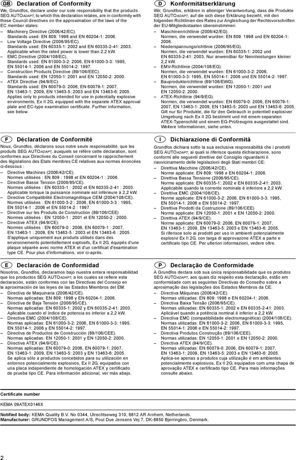 Standards used: EN 60335-1: 2002 and EN 60335-2-41: 2003. Applicable when the rated power is lower than 2.2 kw. EMC Directive (2004/108/EC).