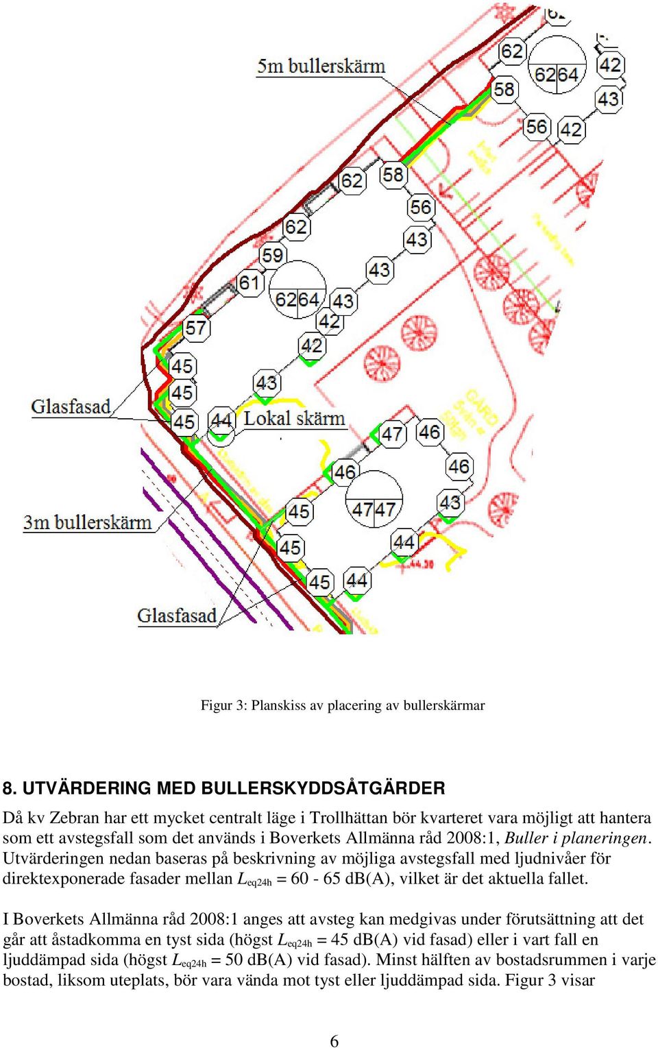 2008:1, Buller i planeringen. Utvärderingen nedan baseras på beskrivning av möjliga avstegsfall med ljudnivåer för direktexponerade fasader mellan L eq24h = 60-65 db(a), vilket är det aktuella fallet.