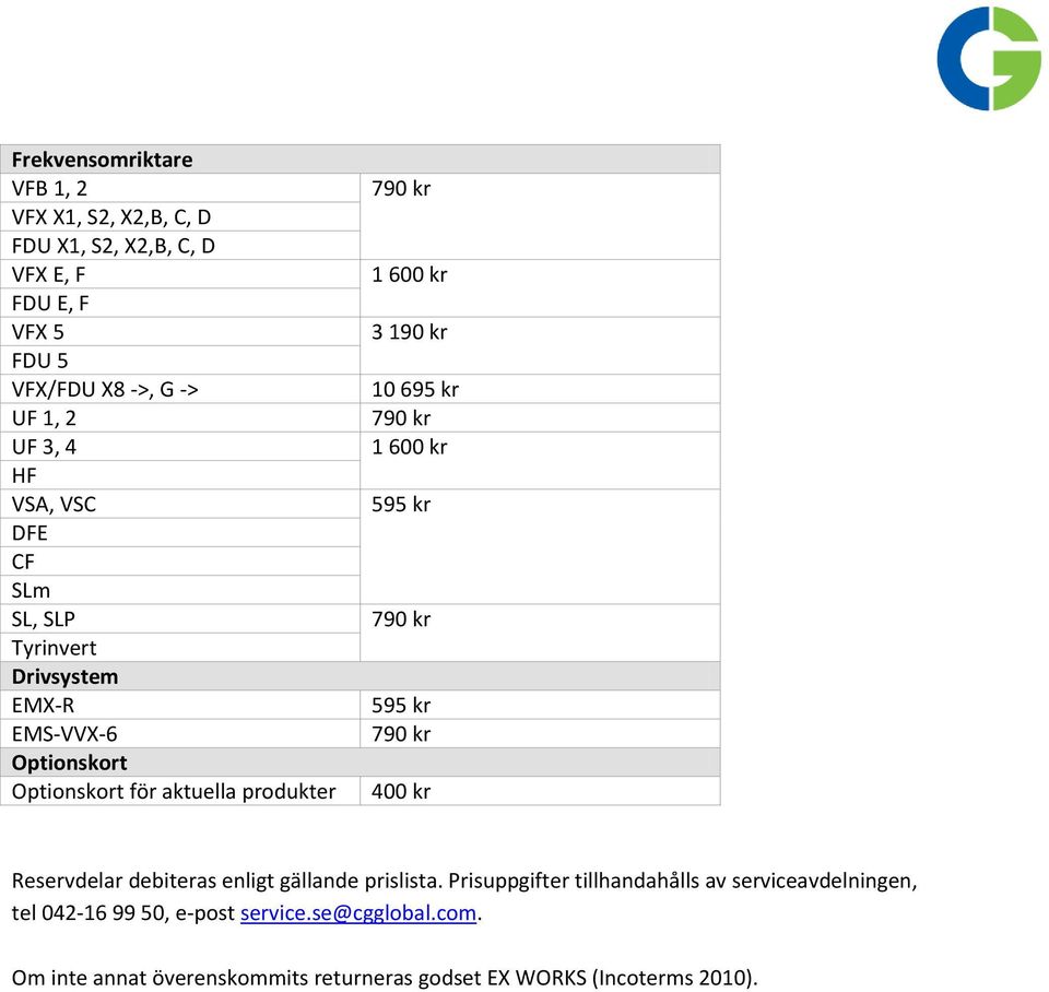 190 kr 10 695 kr 595 kr 595 kr 400 kr Reservdelar debiteras enligt gällande prislista.