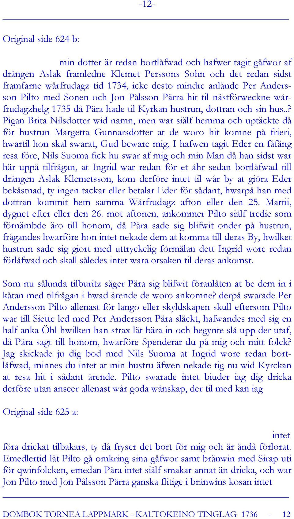 .? Pigan Brita Nilsdotter wid namn, men war siälf hemma och uptäckte då för hustrun Margetta Gunnarsdotter at de woro hit komne på frieri, hwartil hon skal swarat, Gud beware mig, I hafwen tagit Eder