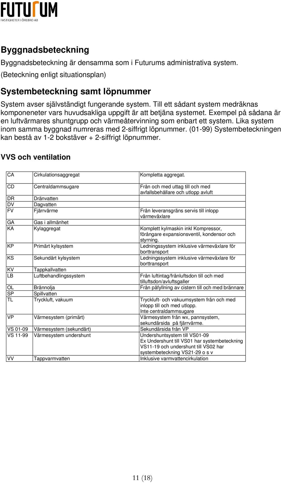 Lika system inom samma byggnad numreras med 2-siffrigt löpnummer. (01-99) Systembeteckningen kan bestå av 1-2 bokstäver + 2-siffrigt löpnummer.