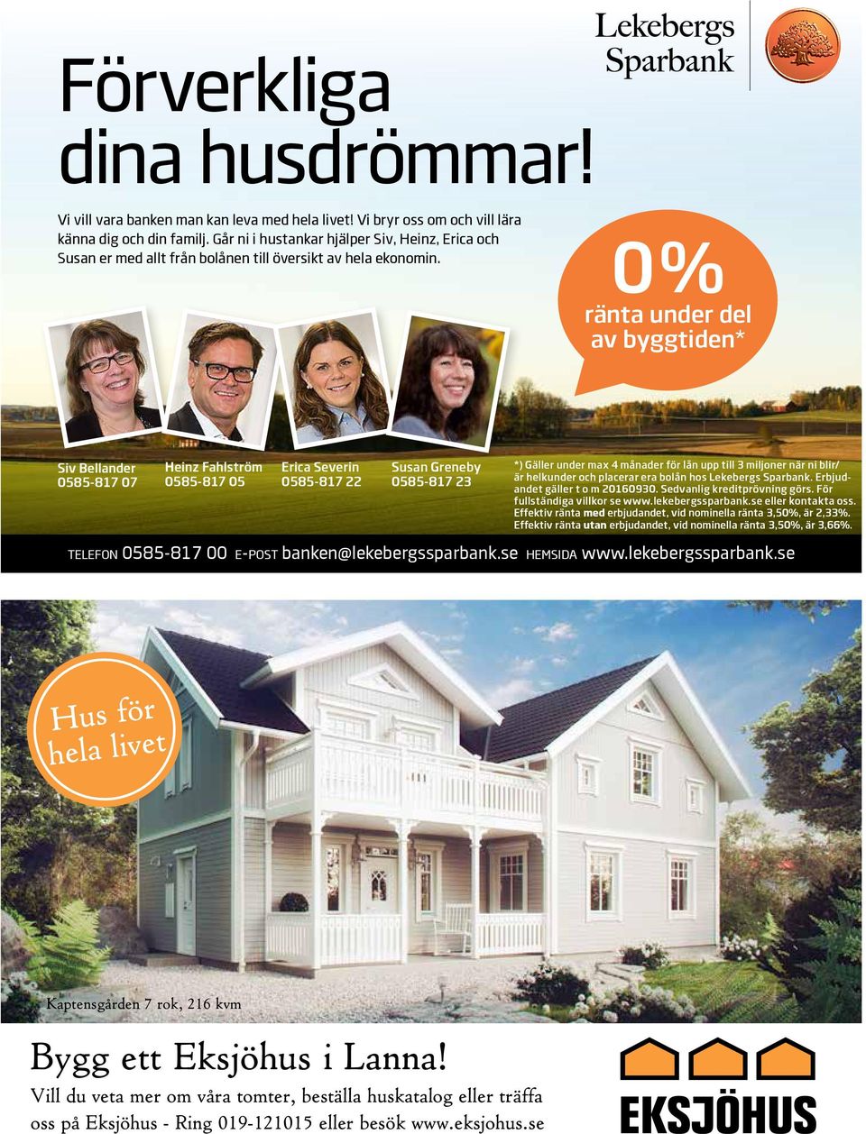 0% ränta under del av byggtiden* Siv Bellander 0585-817 07 Heinz Fahlström 0585-817 05 Erica Severin 0585-817 22 Susan Greneby 0585-817 23 *) Gäller under max 4 månader för lån upp till 3 miljoner