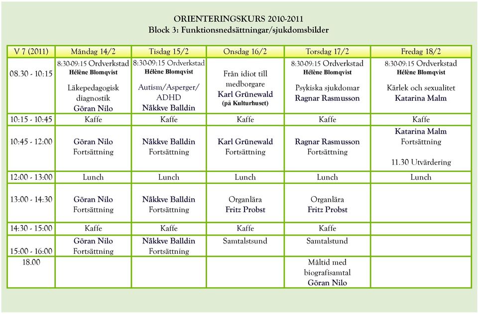 Ordverkstad Psykiska sjukdomar Ragnar Rasmusson 8:30-09:15 Ordverkstad Kärlek och sexualitet Katarina Malm 10:15-10:45 Kaffe Kaffe Kaffe Kaffe Kaffe 10:45-12:00 Göran Nilo Nåkkve Balldin Karl