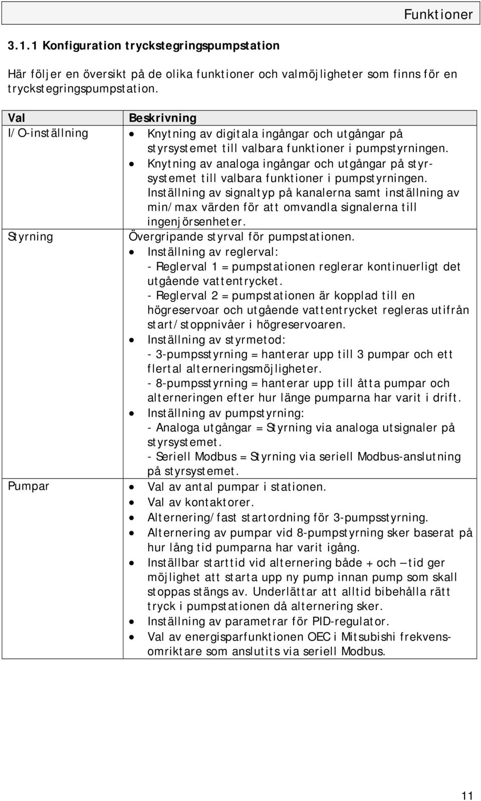 Knytning av analoga ingångar och utgångar på styrsystemet till valbara funktioner i pumpstyrningen.