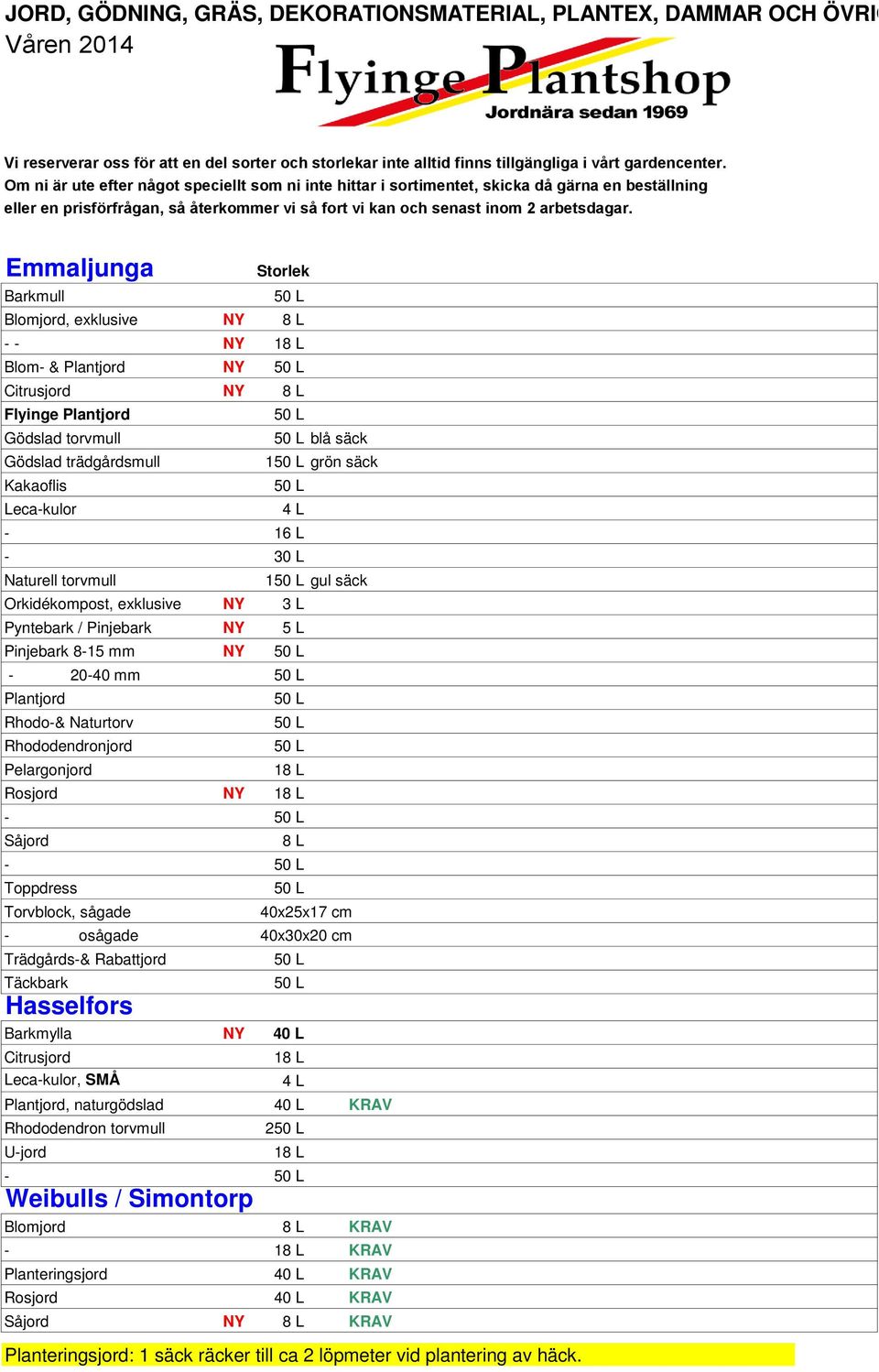 Emmaljunga Barkmull Storlek Blomjord, exklusive NY 8 L NY 18 L Blom & Plantjord NY Citrusjord NY 8 L Flyinge Plantjord Gödslad torvmull Gödslad trädgårdsmull Kakaoflis Lecakulor blå säck 1 grön säck