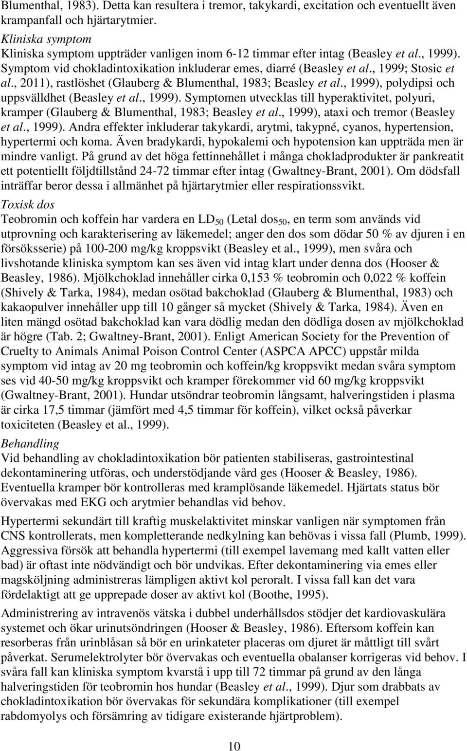 , 2011), rastlöshet (Glauberg & Blumenthal, 1983; Beasley et al., 1999), polydipsi och uppsvälldhet (Beasley et al., 1999). Symptomen utvecklas till hyperaktivitet, polyuri, kramper (Glauberg & Blumenthal, 1983; Beasley et al.