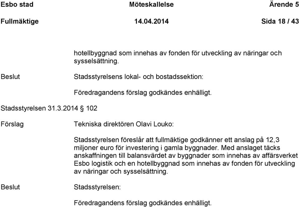 Tekniska direktören Olavi Louko: Stadsstyrelsen föreslår att fullmäktige godkänner ett anslag på 12,3 miljoner euro för investering i gamla byggnader.