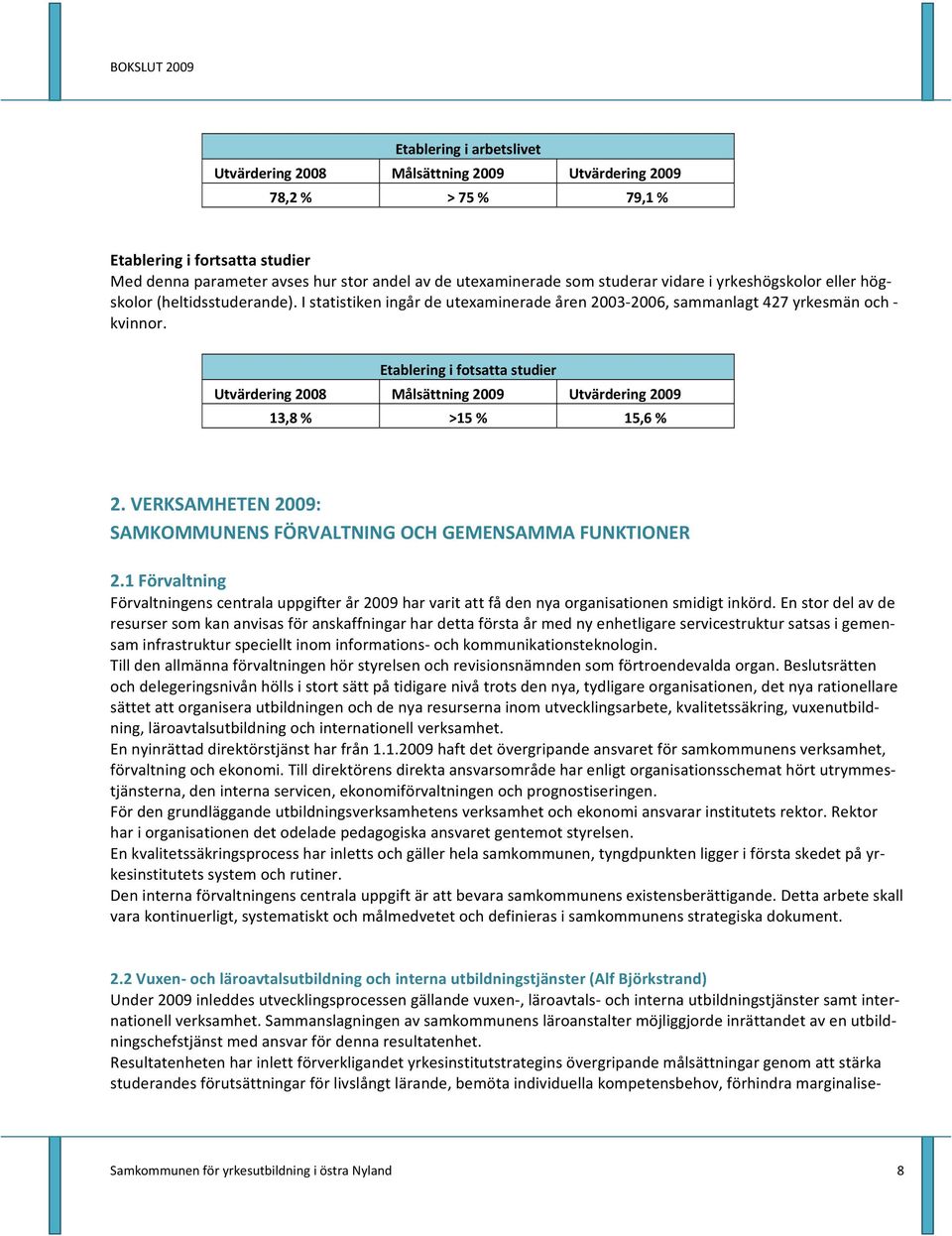 Etablering i fotsatta studier Utvärdering 2008 Målsättning 2009 Utvärdering 2009 13,8 % >15 % 15,6 % 2. VERKSAMHETEN 2009: SAMKOMMUNENS FÖRVALTNING OCH GEMENSAMMA FUNKTIONER 2.