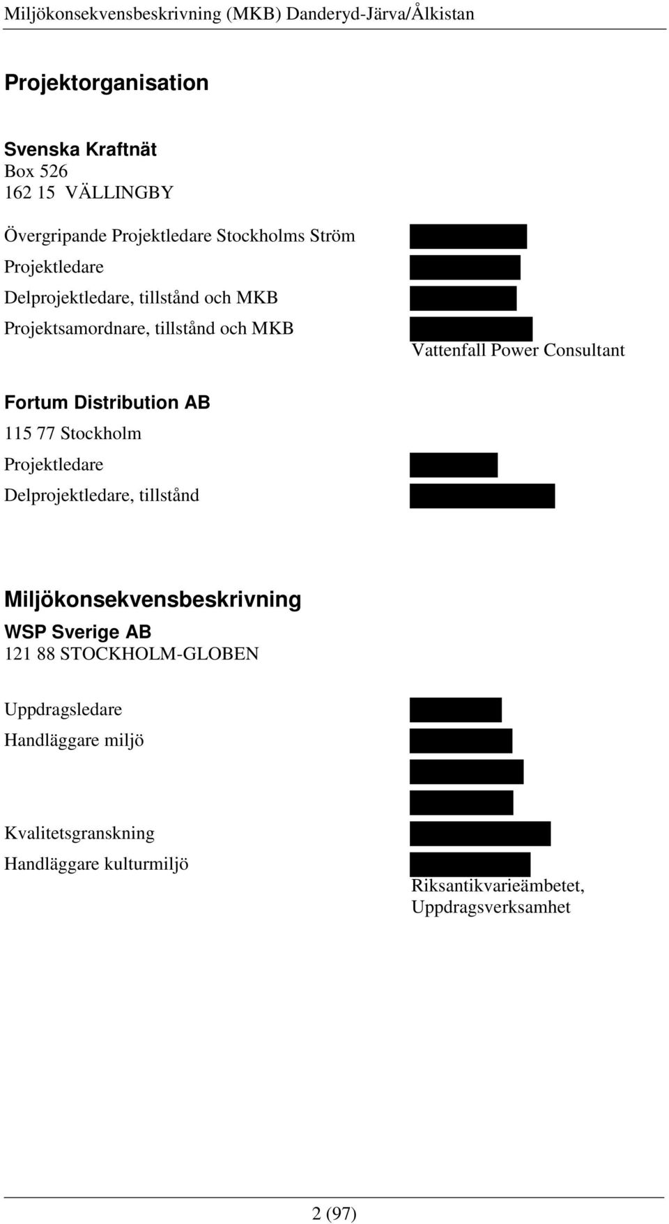 115 77 Stockholm Projektledare Delprojektledare, tillstånd Miljökonsekvensbeskrivning WSP Sverige AB 121 88