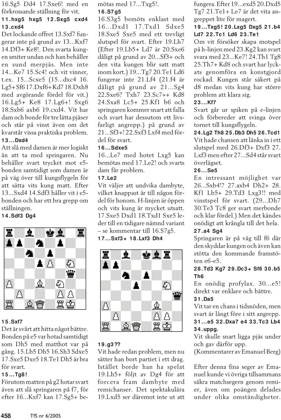 ) 16.Lg5+ Ke8 17.Lg6+! Sxg6 18.Sxb6 axb6 19.cxd4. Vit har dam och bonde för tre lätta pjäser och står på vinst även om det kvarstår vissa praktiska problem. 13.