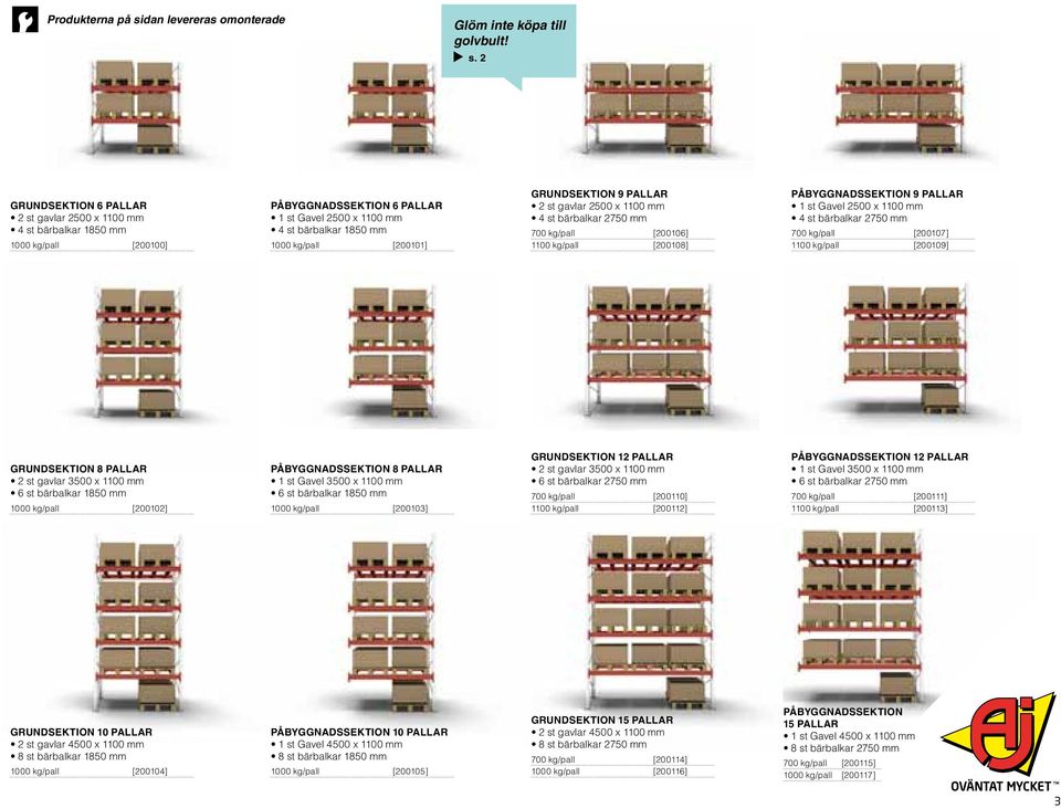 2 6 pallar 2 st gavlar 2500 x 1100 mm 4 st bärbalkar 1850 mm 1000 kg/pall [200100] 6 pallar 1 st Gavel 2500 x 1100 mm 4 st bärbalkar 1850 mm 1000 kg/pall [200101] 9 pallar 2 st gavlar 2500 x 1100 mm