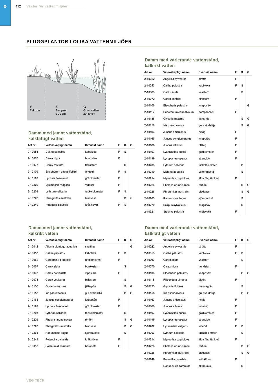 Sumpzon 0-20 cm G Grunt vatten 20-40 cm 2-10106 Eleocharis palustris knappsäv G 2-10112 Eupatorium cannabinum hampflockel F 2-10136 Glyceria maxima jättegröe S G 2-10158 Iris pseudacorus gul