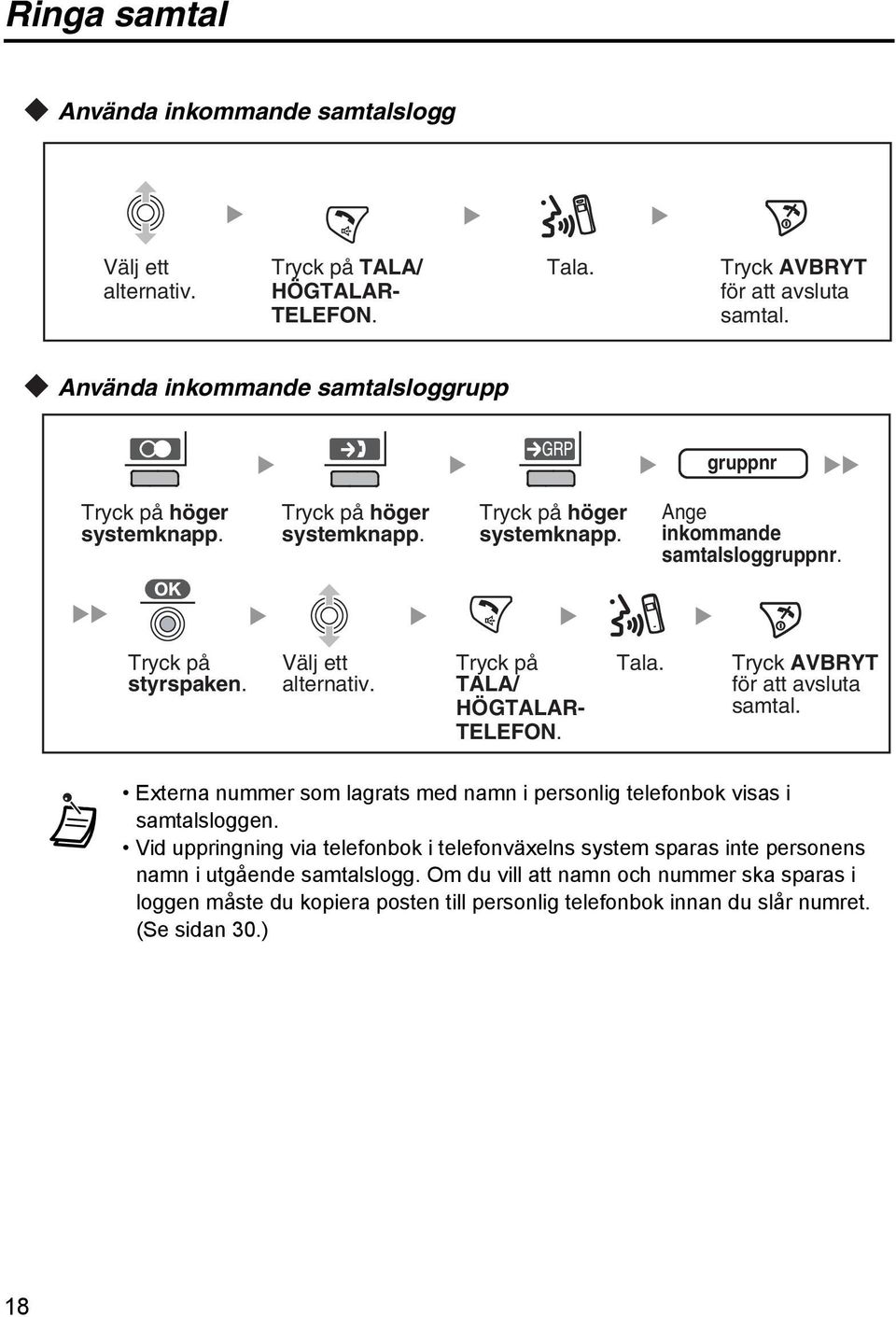 TALA/ HÖGTALAR- TELEFON. Tala. Tryck AVBRYT för att avsluta samtal. Externa nummer som lagrats med namn i personlig telefonbok visas i samtalsloggen.