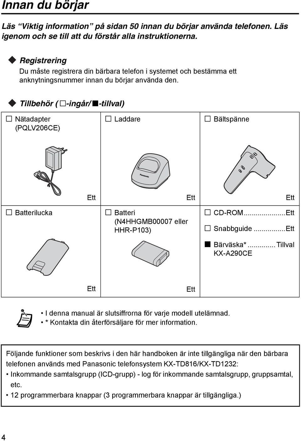 Tillbehör ( j-ingår/ i-tillval) j Nätadapter (PQLV206CE) j Laddare j Bältspänne Ett Ett Ett j Batterilucka j Batteri (N4HHGMB00007 eller HHR-P103) j CD-ROM...Ett j Snabbguide...Ett i Bärväska*.