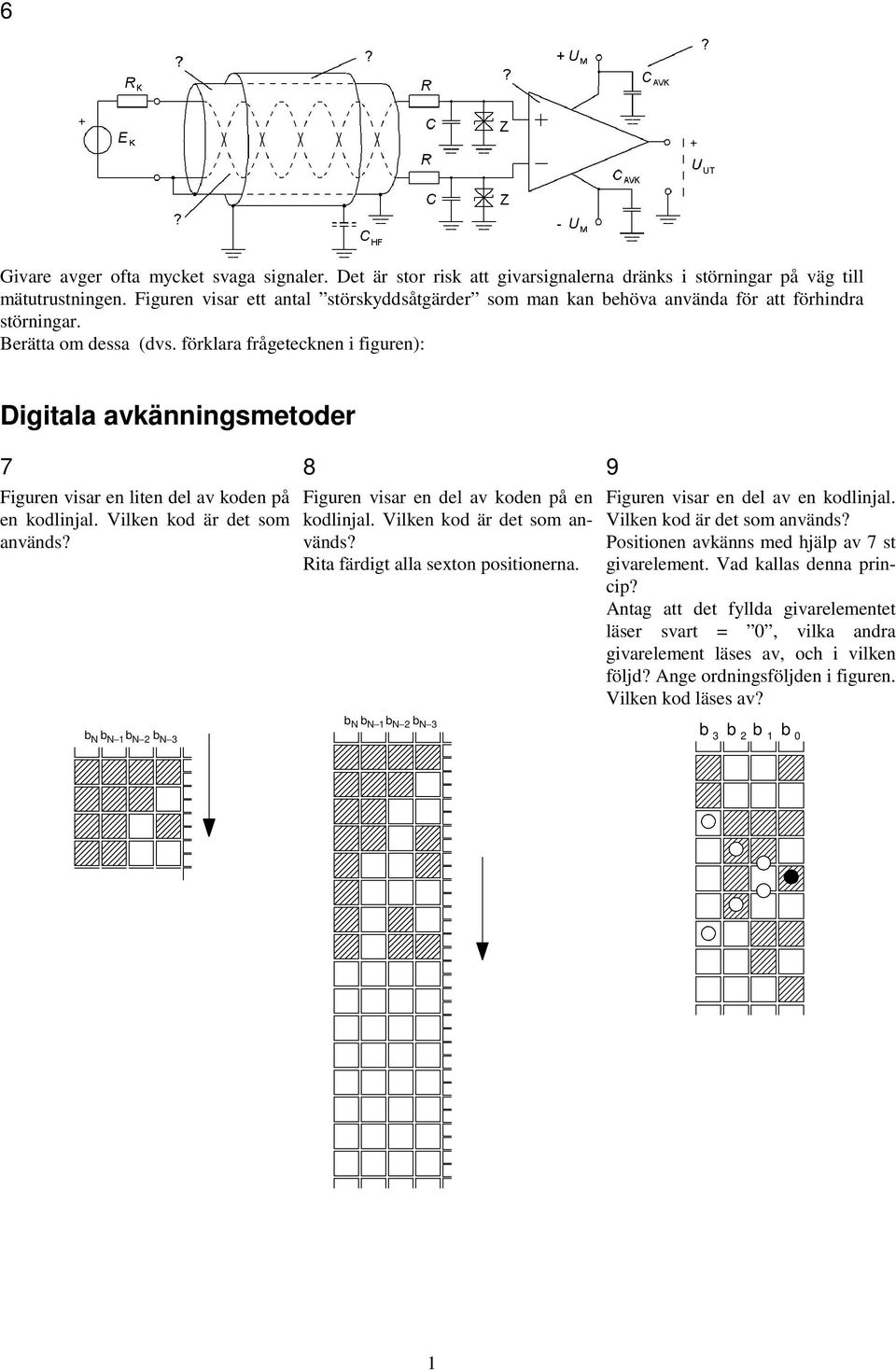 förklara frågetecknen i figuren): Digitala avkänningsmetoder 7 Figuren visar en liten del av koden på en kodlinjal. Vilken kod är det som används?