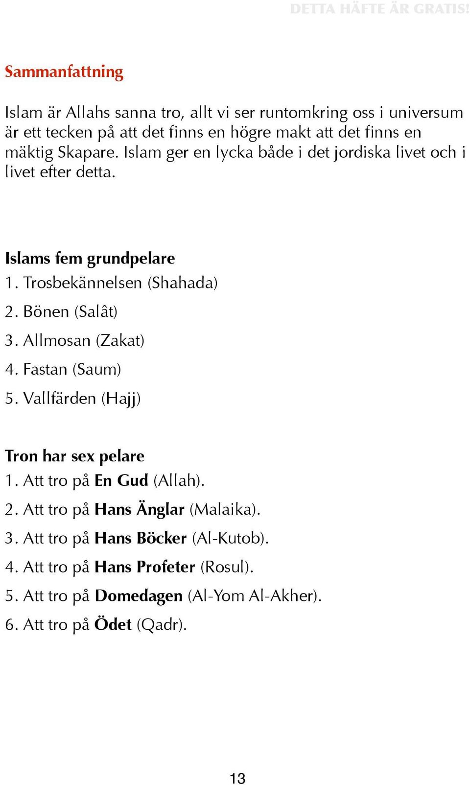 Bönen (Salât) 3. Allmosan (Zakat) 4. Fastan (Saum) 5. Vallfärden (Hajj) Tron har sex pelare 1. Att tro på En Gud (Allah). 2.