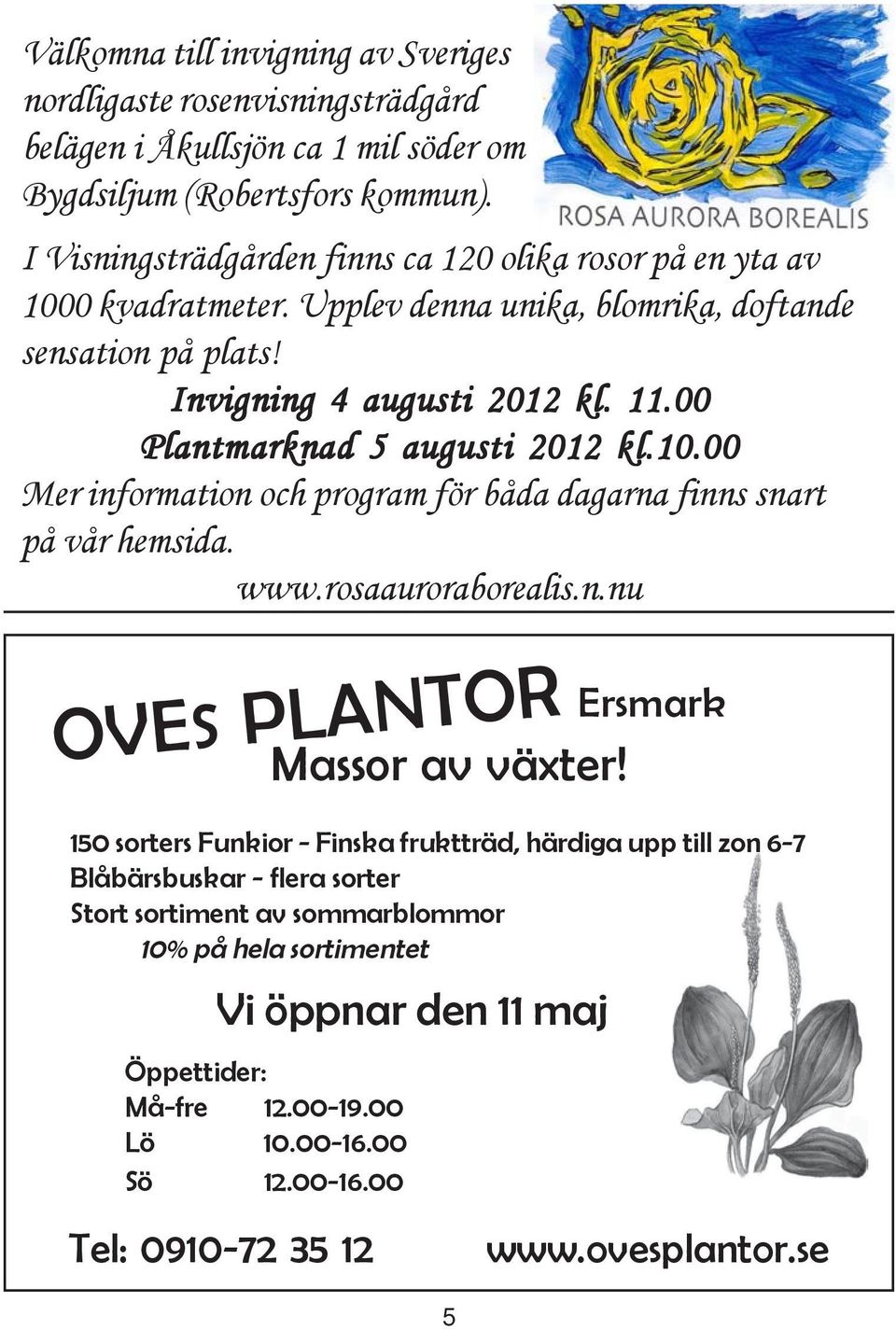 00 Plantmarknad 5 augusti 2012 kl.10.00 Mer information och program för båda dagarna finns snart på vår hemsida. www.rosaauroraborealis.n.nu OVES PLANTOR Massor av växter!