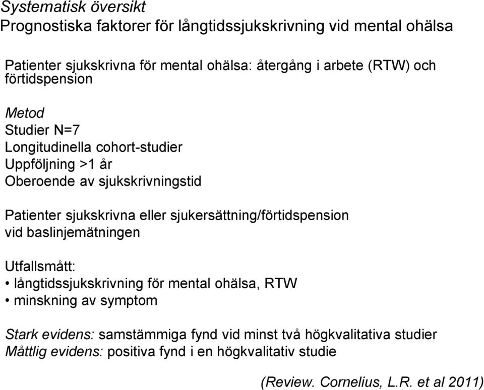 eller sjukersättning/förtidspension vid baslinjemätningen Utfallsmått: långtidssjukskrivning för mental ohälsa, RTW minskning av symptom Stark