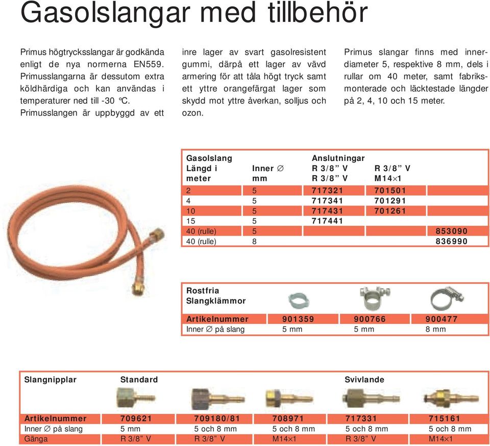 solljus och ozon. Primus slangar finns med innerdiameter 5, respektive 8 mm, dels i rullar om 40 meter, samt fabriksmonterade och läcktestade längder på 2, 4, 10 och 15 meter.