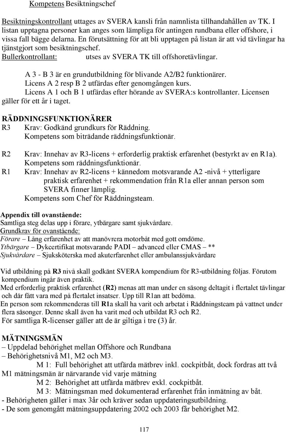 En förutsättning för att bli upptagen på listan är att vid tävlingar ha tjänstgjort som besiktningschef. Bullerkontrollant: utses av SVERA TK till offshoretävlingar.