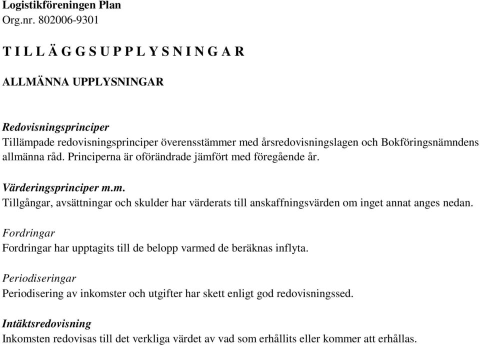 Fordringar Fordringar har upptagits till de belopp varmed de beräknas inflyta. Periodiseringar Periodisering av inkomster och utgifter har skett enligt god redovisningssed.