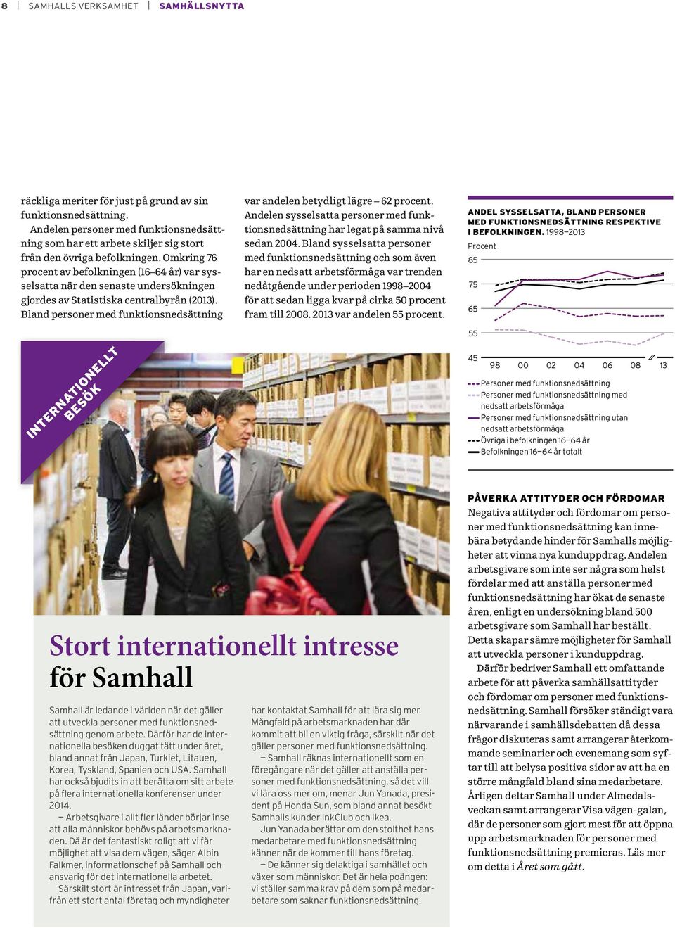 Omkring 76 procent av befolkningen (16 64 år) var sysselsatta när den senaste undersökningen gjordes av Statistiska centralbyrån (2013).