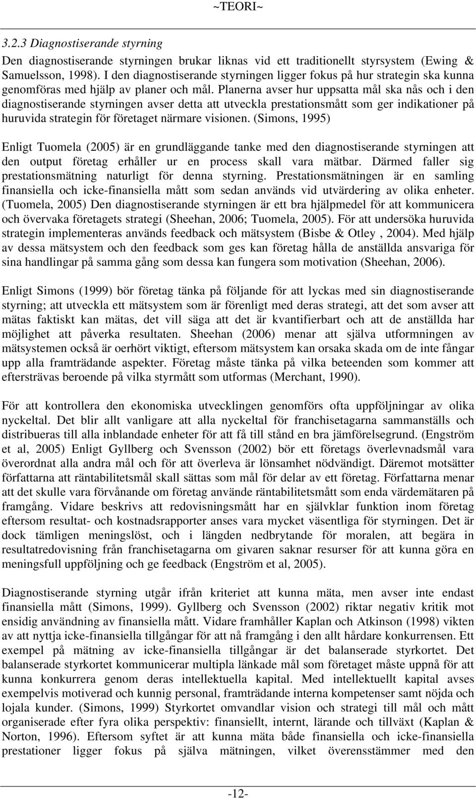 Planerna avser hur uppsatta mål ska nås och i den diagnostiserande styrningen avser detta att utveckla prestationsmått som ger indikationer på huruvida strategin för företaget närmare visionen.