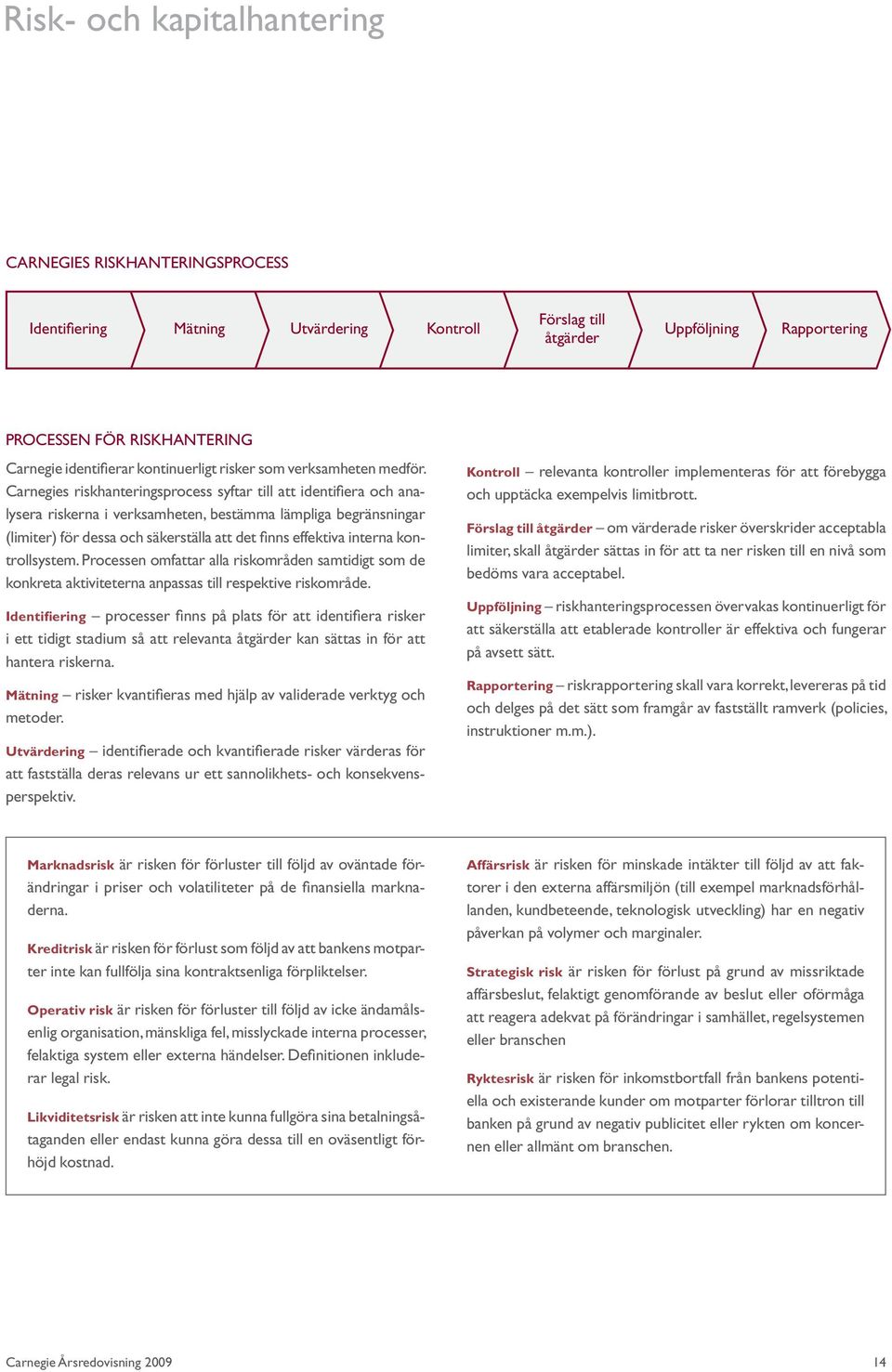 Carnegies riskhanteringsprocess syftar till att identifiera och analysera riskerna i verksamheten, bestämma lämpliga begränsningar (limiter) för dessa och säkerställa att det finns effektiva interna