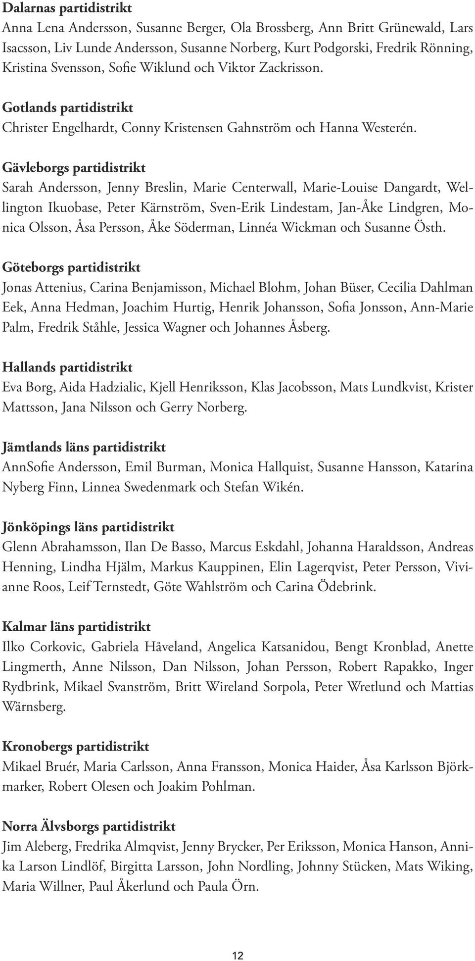 Gävleborgs partidistrikt Sarah Andersson, Jenny Breslin, Marie Centerwall, Marie-Louise Dangardt, Wellington Ikuobase, Peter Kärnström, Sven-Erik Lindestam, Jan-Åke Lindgren, Monica Olsson, Åsa