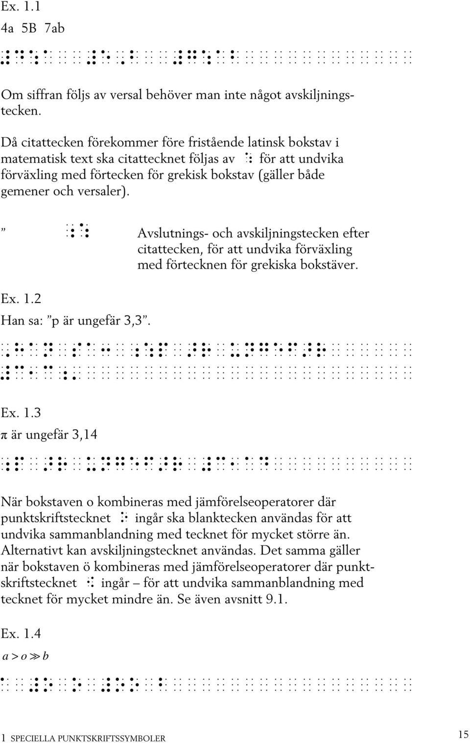 " Avslutnings- och avskiljningstecken efter citattecken, för att undvika förväxling med förtecknen för grekiska bokstäver. Ex. 1.2 Han sa: p är ungefär 3,3. _han<sa:<"p<är<ungefär<<<<<< #3,3".