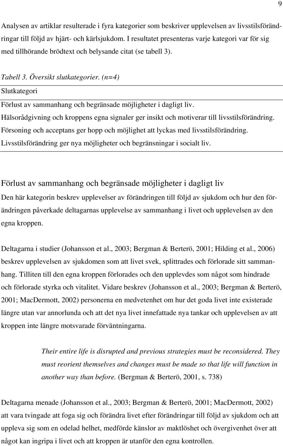 (n=4) Slutkategori Förlust av sammanhang och begränsade möjligheter i dagligt liv. Hälsorådgivning och kroppens egna signaler ger insikt och motiverar till livsstilsförändring.