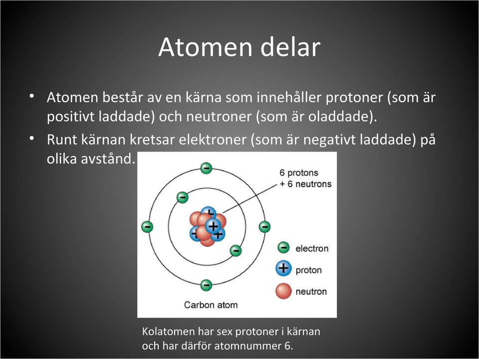 Runt kärnan kretsar elektroner (som är negativt laddade) på olika