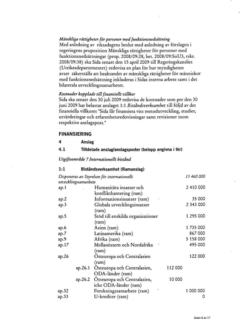 2008/09:38) ska Sida senast den 15 april 2009 till Regeringskansliet (Utrikesdepartementet) redovisa en plan för hur myndigheten avser säkerställa att beaktandet av mänskliga rättigheter för