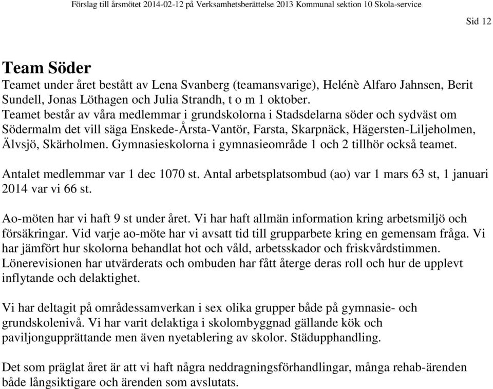 Gymnasieskolorna i gymnasieområde 1 och 2 tillhör också teamet. Antalet medlemmar var 1 dec 1070 st. Antal arbetsplatsombud (ao) var 1 mars 63 st, 1 januari 2014 var vi 66 st.