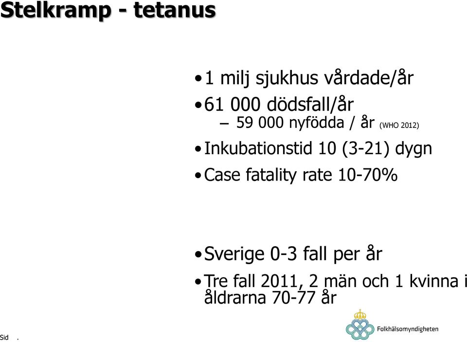 10 (3-21) dygn Case fatality rate 10-70% Sverige 0-3 fall