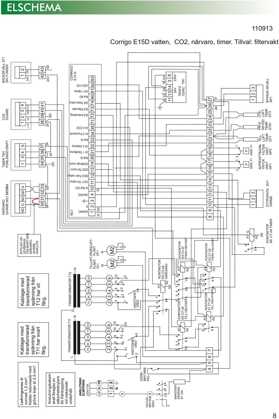 NÄRVARO A 3 5 0 2 8 2 3 5 6 70 TRANSFORMATOR T2 3 5 7 KONTAKTOR K3 C7-2 TILL HELFART 6 TRANSFORMATOR T 5 6 7 DÖRRBRYTARE PK3 PE 2 3 L N ANSLUTNING ELMATNING 230V/0A L RC G0 0 5 G0 2 2 REF VOUT 2 G0