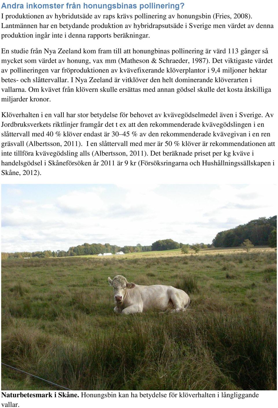 En studie från Nya Zeeland kom fram till att honungbinas pollinering är värd 113 gånger så mycket som värdet av honung, vax mm (Matheson & Schraeder, 1987).